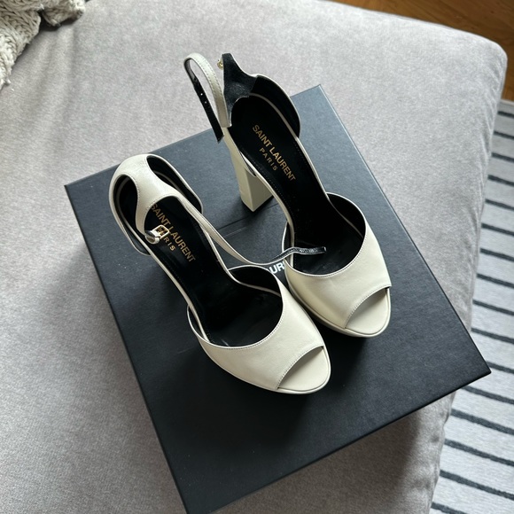 SAINT LAURENT 2022 PLATFORM OPEN TOE HEELS- PEARL - Picture 1 of 5